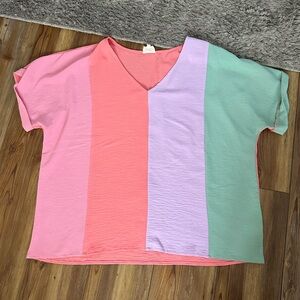 BiBi Pastel Colorblock V-Neck Short Sleeve Top – Size XL